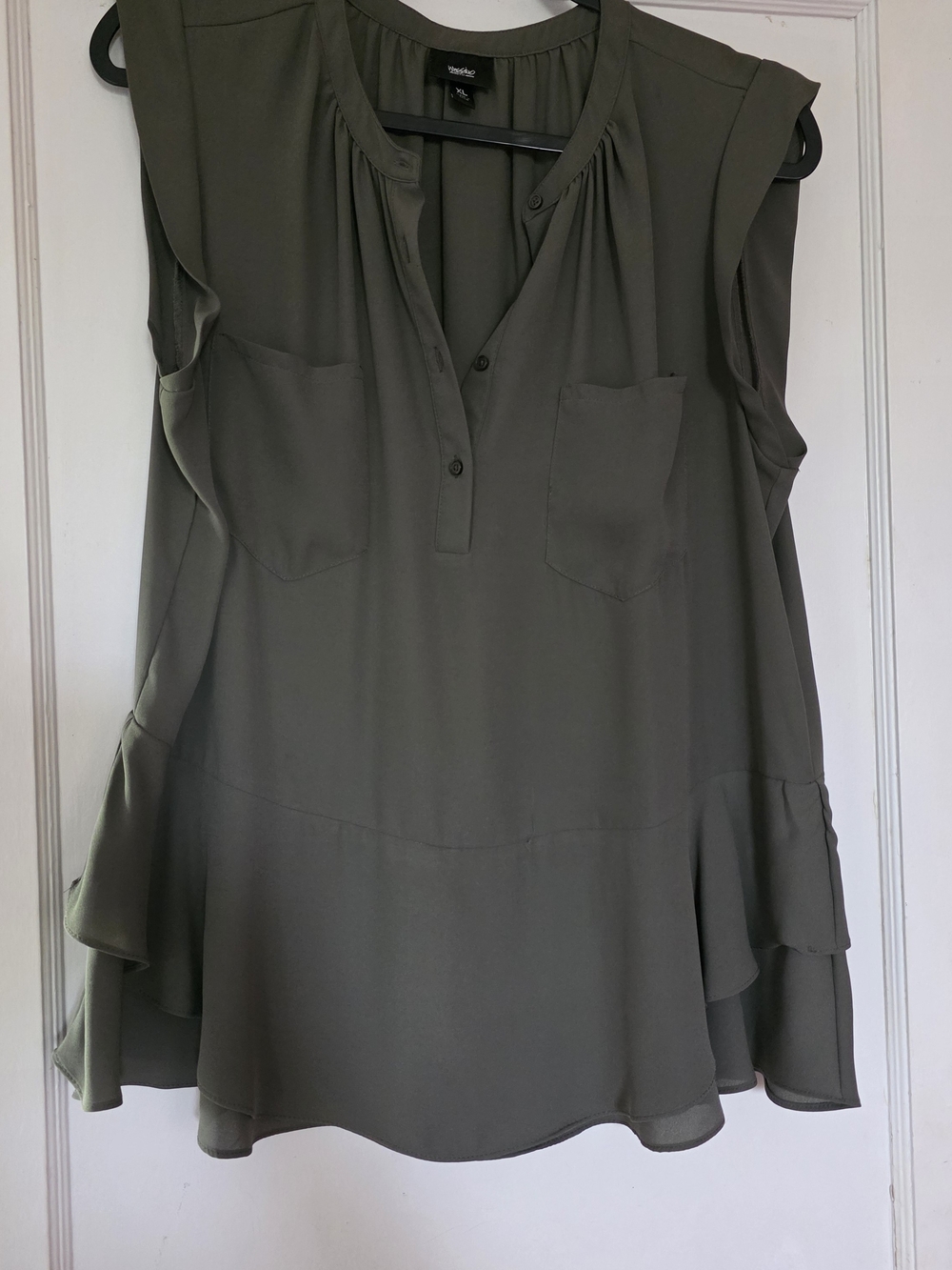 Worthington Olive Sleeveless Ruffle-Hem V-Neck Blouse